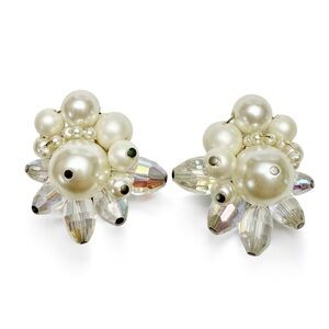 Vintage Vendome AB Rhinestone Faux Pearl Beaded Screwback Clip On Earrings